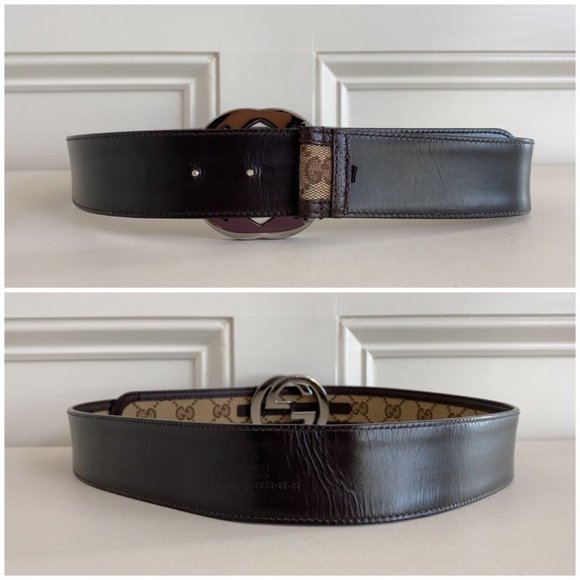 Authentic GUCCI Brown Monogram Canvas Leather Silver Interlocking G Buckle Belt main image 4